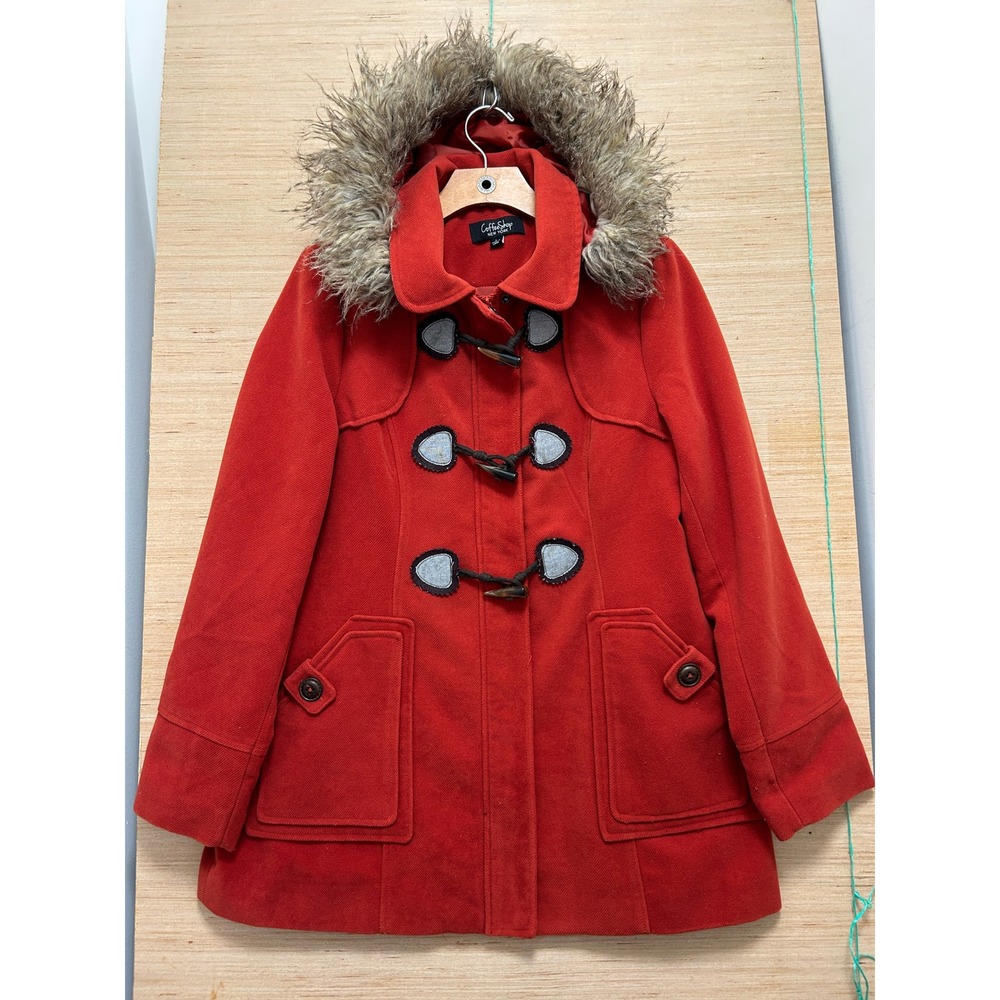 CoffeeShop New York Womens Red Toggle Duffle Coat Faux‎ Fur Hood Large